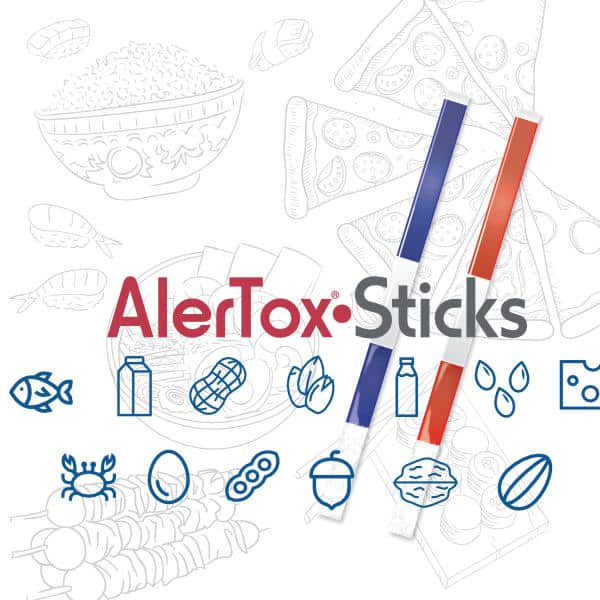 Pictogramme représentant les principaux allergènes alimentaires et les tests de détection Alertox Sticks.